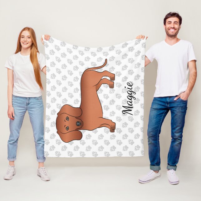 Couverture Polaire Red Smooth Hair Dachshund mignon Dessin et nom (En situation)