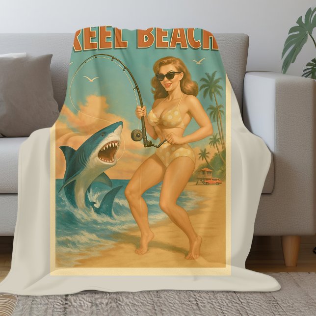 Couverture Polaire Reel Beach Shark Fishing Pin-Up Retro Coastal Life (Créateur téléchargé)