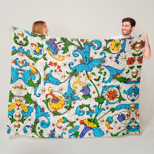 COUVERTURE POLAIRE RENAISSANCE FLORENTINE TOURBILLONS BLEUS FLORAUX,F (En situation)