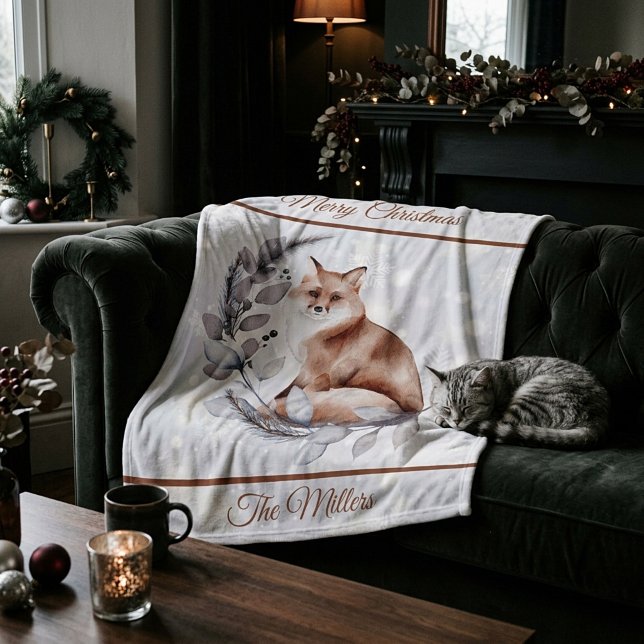 Couverture Polaire Renard aquarelle et neige de fêtes  (Créateur téléchargé)