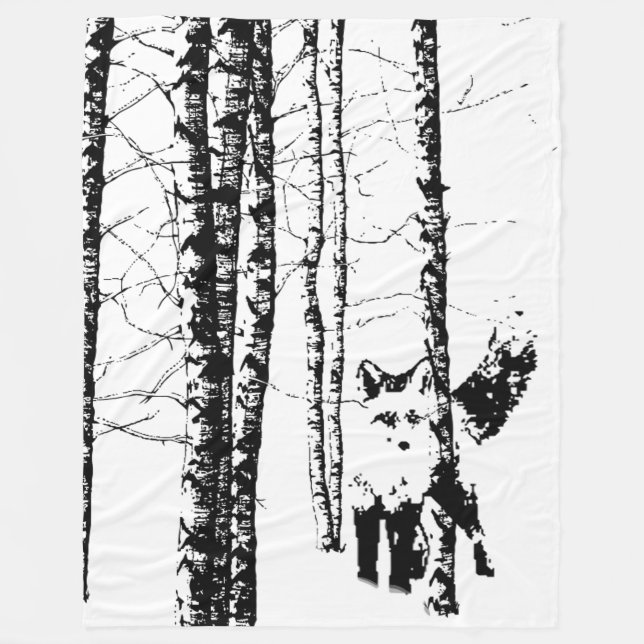 Couverture Polaire Renard en Forêt de Birch Silhouette noire (Devant)
