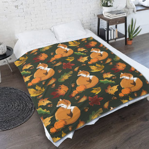 Couverture Polaire Renard roux Feuilles d'automne Glands Motif vert