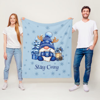 Couverture Polaire Restez Cosy Gnome de Noël Bleu d'Hiver