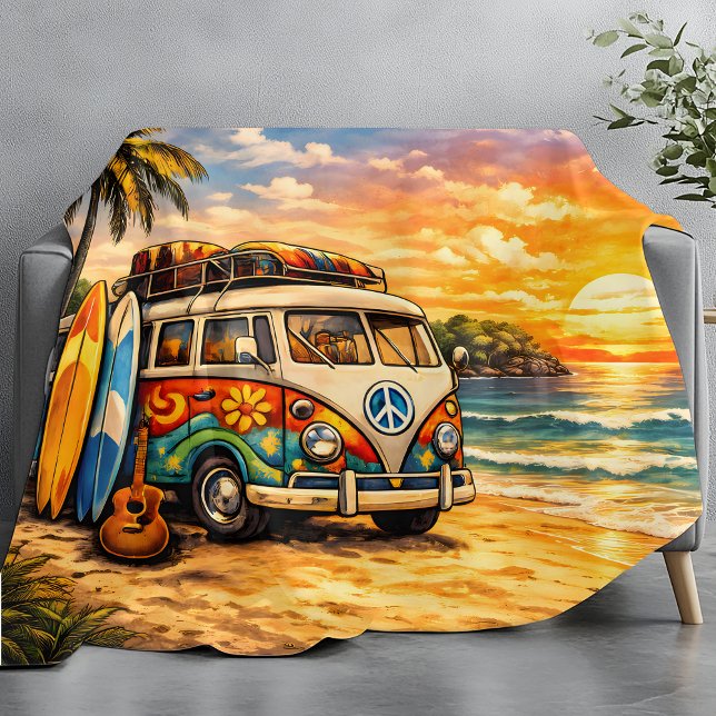 Couverture Polaire Retro 60s Hippie Beach Bus Sunset | Surf Van Life (Créateur téléchargé)