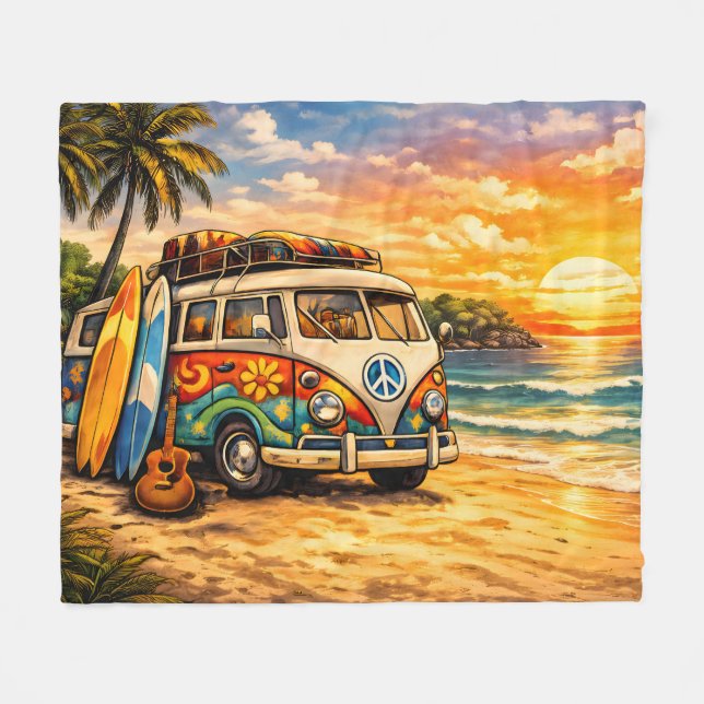 Couverture Polaire Retro 60s Hippie Beach Bus Sunset | Surf Van Life (Devant (Horizontal))
