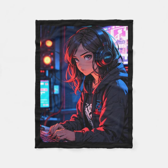 Couverture Polaire Retro Anime Girl Gamer Cyberpunk Streaming Setup S (Devant)