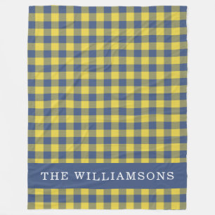 Couverture Polaire Retro Buffalo Plaid Jaune Bleu Personnalisé Nom