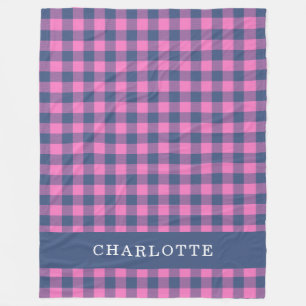 Couverture Polaire Retro Buffalo Plaid Pink Blue Nom personnalisé
