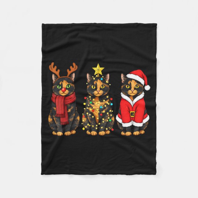 Couverture Polaire Retro Christmas Tortoiseshell Cat Santa Reindeer  (Devant)