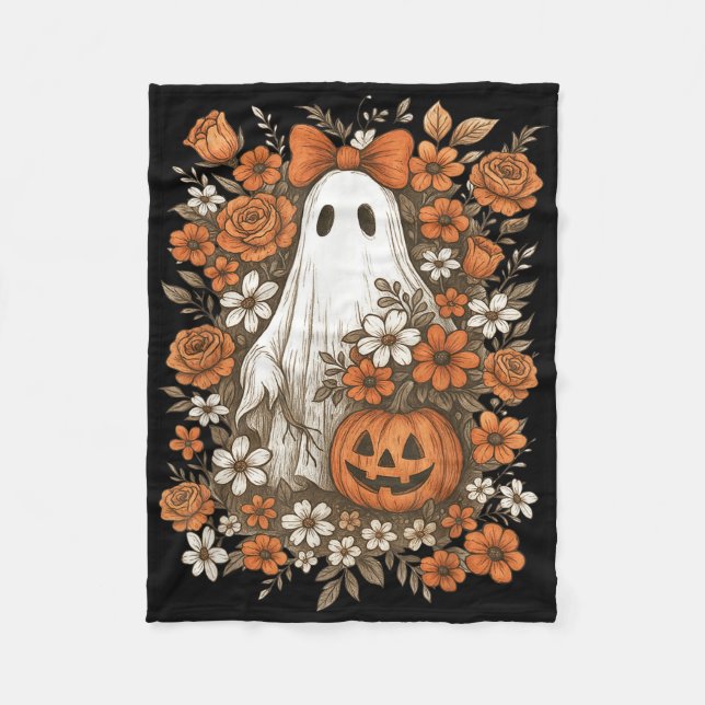 Couverture Polaire Retro Floral Ghost mignon Citrouille Automne Hallo (Devant)