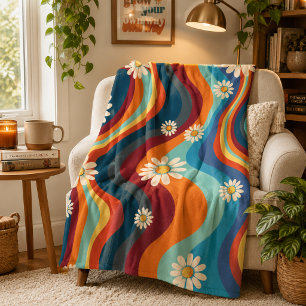 Couverture Polaire Rétro Groovy Fleur de Daisy Arc-en-ciel des années