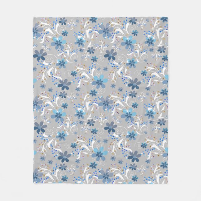 Couverture Polaire Retro, motif floral, bleu, gris, fleurs (Devant)