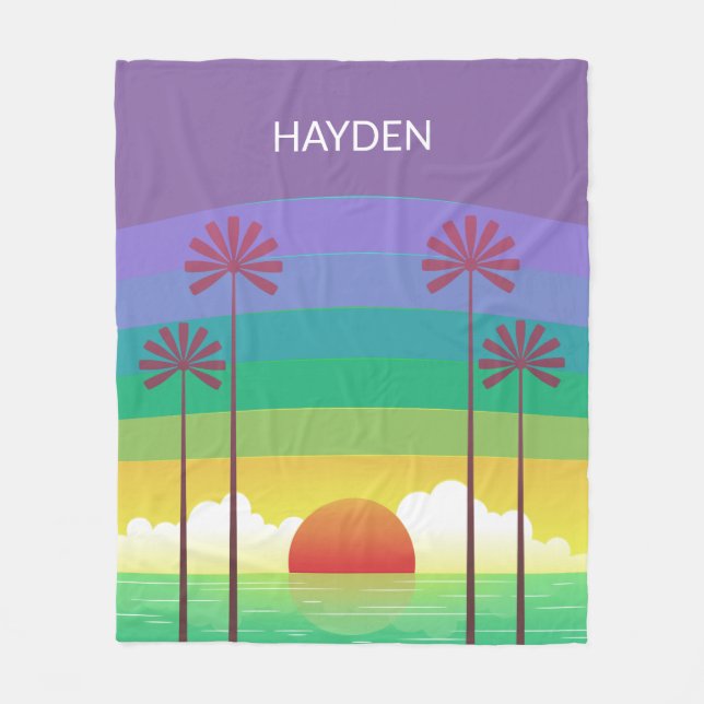Couverture Polaire Retro Purple Sunset Palm Trees Art Personalised (Devant)