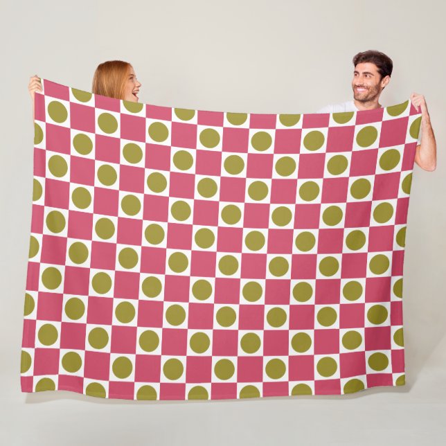 Couverture Polaire Rétro Rose et Olive Cercle à damier (En situation)