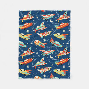 Couverture Polaire Retro Space Rocket Cars Blue Nom personnalisé