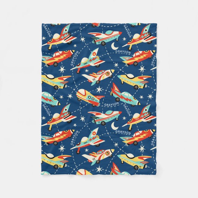Couverture Polaire Retro Space Rocket Cars Blue Nom personnalisé (Devant)