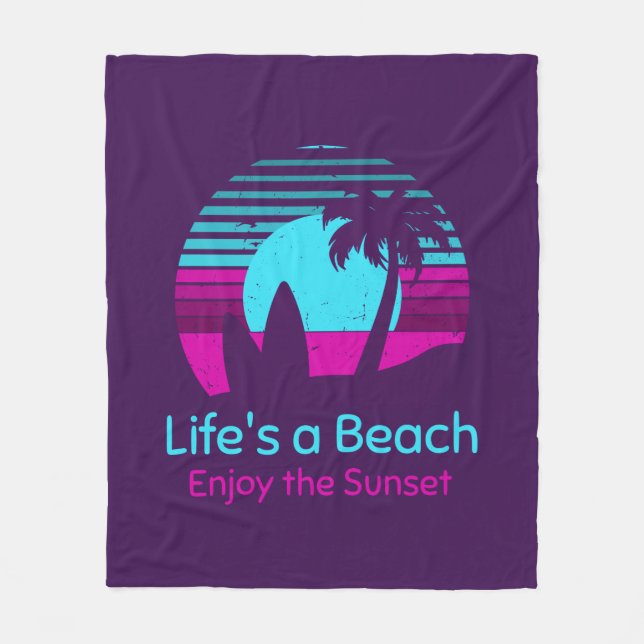 Couverture Polaire Retro Sunset Surfboard Palm Tree Life's a Beach (Devant)