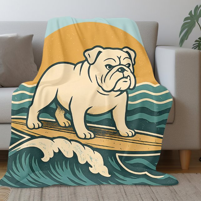 Couverture Polaire Retro Surfer Dog Art Blue Coastal Surfing Bulldog (Créateur téléchargé)