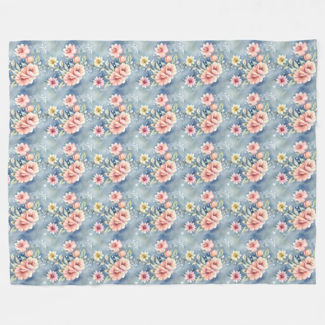 Couverture Polaire Rêve contemporain rose & bleu Floral (Devant (Horizontal))