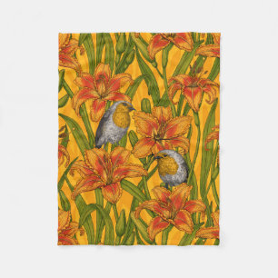 Couverture Polaire Robins et fleurs de lys, orange et vert