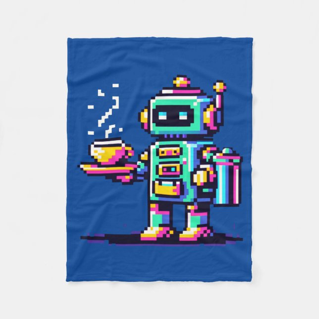 Couverture Polaire Robot Barista - Pixel Art Coffee Lover Design (Devant)