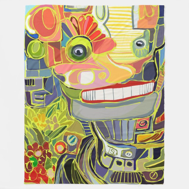 Couverture Polaire Robot Sourire Heureux avec des Fleurs (Devant)
