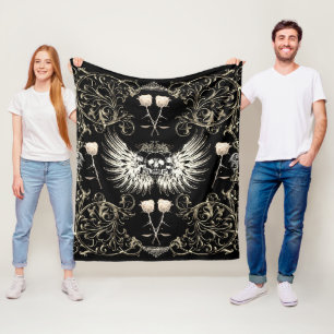 Couverture Polaire Romance gothique victorien crâne ailes et roses bl
