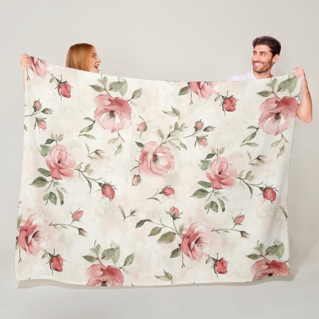 Couverture Polaire Romantic Cream Pink Roses Floral  (En situation)