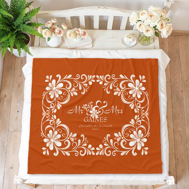 Couverture Polaire Romantique Burnt Orange Shabby Chic M & Mme Floral (Créateur téléchargé)
