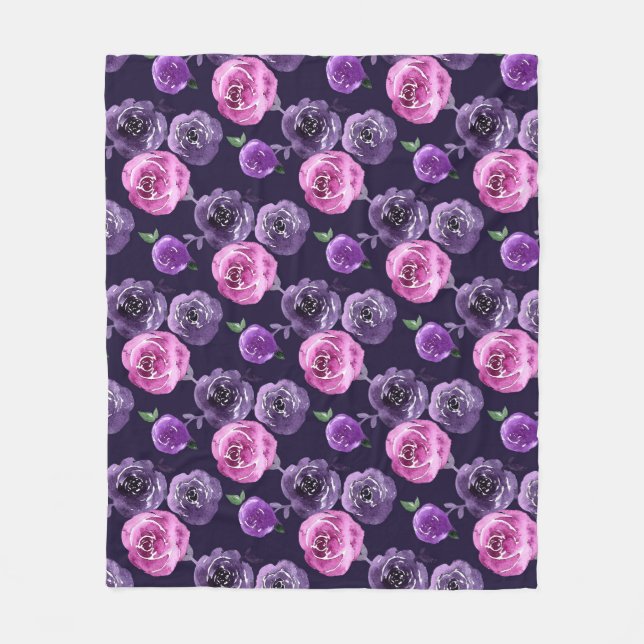 Couverture Polaire Romantique Purple & Rose Aquarelle Rose Floral (Devant)