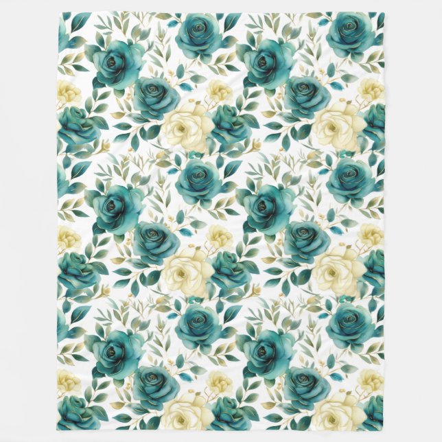 Couverture Polaire Romantique Turquoise Green Cream Rose Floral (Devant)