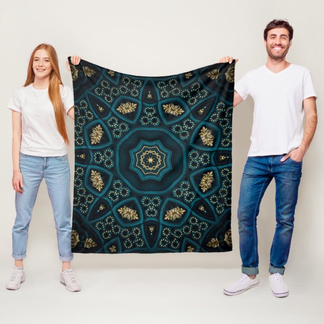 Couverture Polaire Rose Boho Gold Vert Mandala (En situation)
