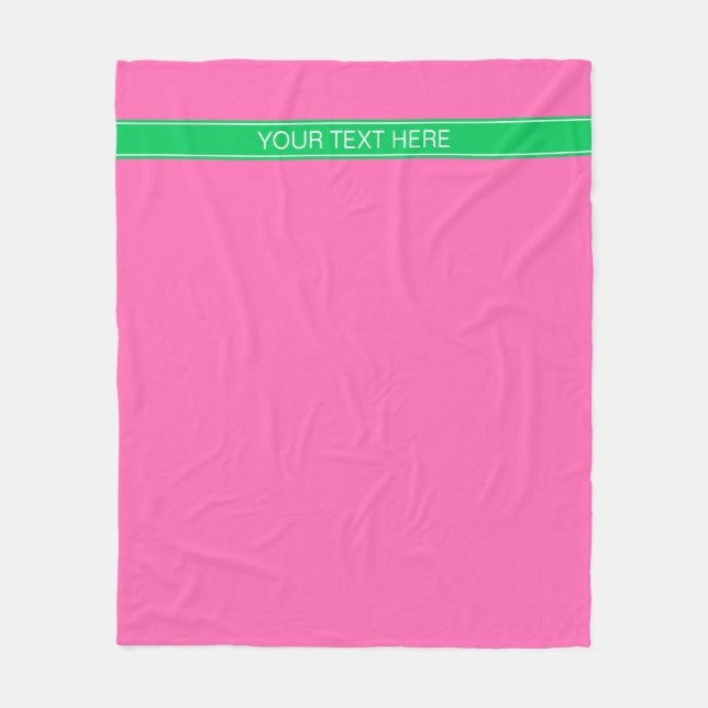 Couverture Polaire Rose Chaud Uni #2 Vert Émeraude Ruban Nom Monogram (Devant)