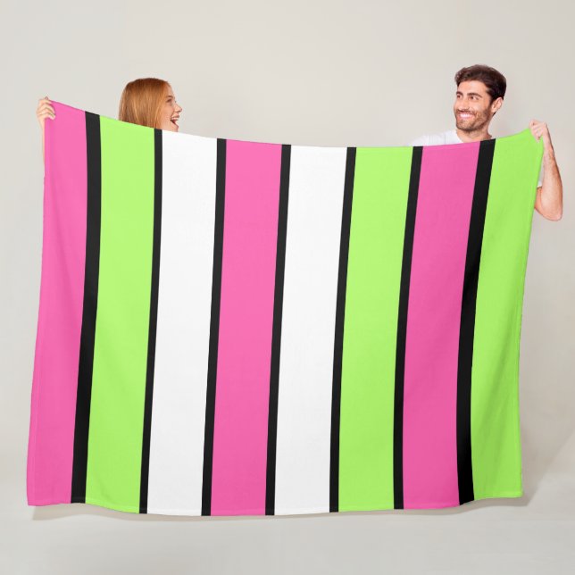 Couverture Polaire Rose chaud, vert citron, noir et blanc rayures (En situation)