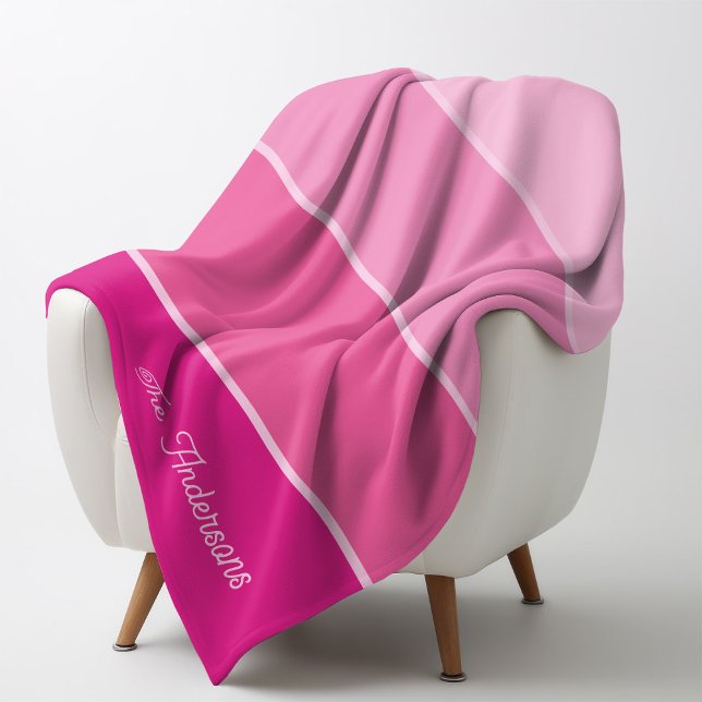 Couverture Polaire Rose chaud vif | Ombre Stripes avec script (A trendy, girly blanket with ombre pink stripes and your name in script)