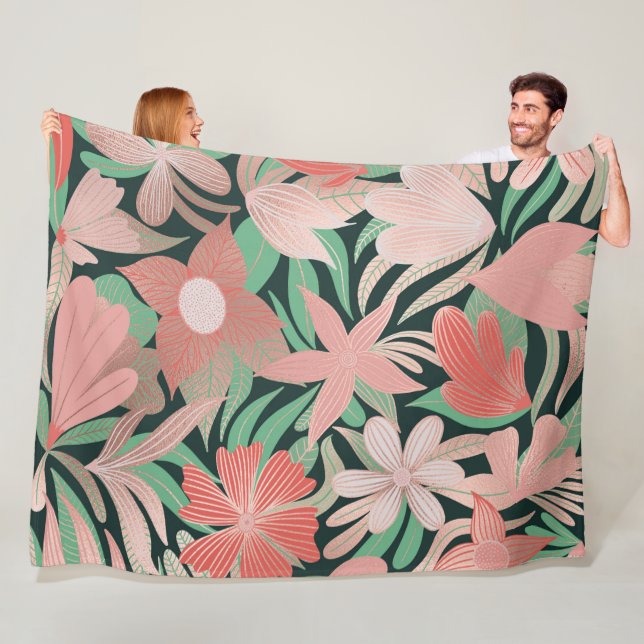 Couverture Polaire Rose Coral vert  Floral Feuilles Illustrations (En situation)