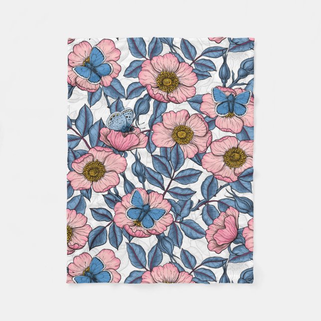 Couverture Polaire Rose de chien et papillons (Devant)