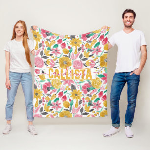 Couverture Polaire Rose doré Fleurs Feuilles Aquarelle Art Monogramme