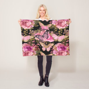 Couverture Polaire Rose et motif de papillon floral de feuille d'or