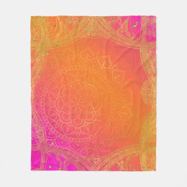 Couverture Polaire Rose Fuchsia Orange & Or Mandala Glam Indien (Devant)