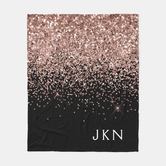 Couverture Polaire Rose Gold Blush Rose Noir Pailleté Monogramme (Devant)