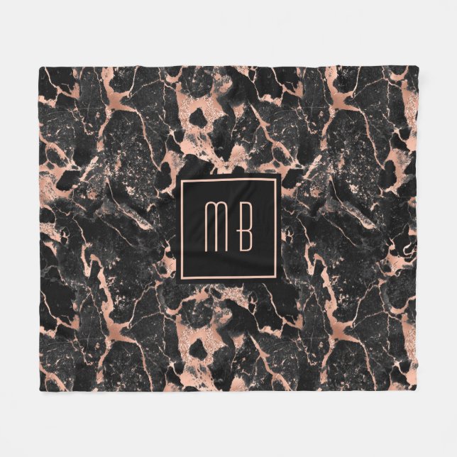 Couverture Polaire Rose Gold Marbre Noir Monogramme Élégant (Devant (Horizontal))