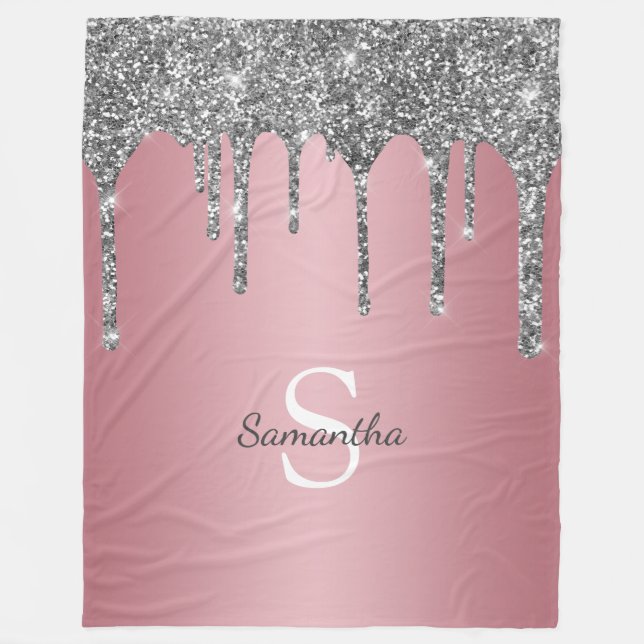 Couverture Polaire Rose Gold Pink Monogram Nom Paillettes Argentées (Devant)