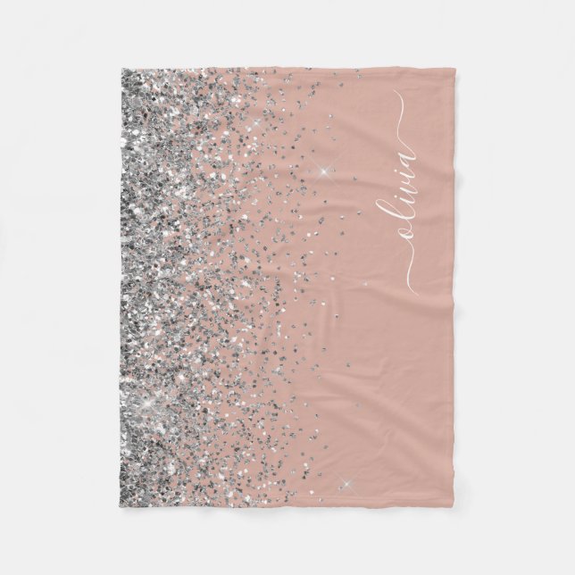 Couverture Polaire Rose Gold Rose Pâle Paillettes Argent Monogramme (Devant)