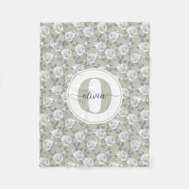 Couverture Polaire Rose Jardin Monogramme Sage Vert (Devant)
