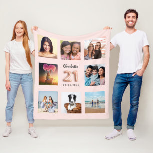 Couverture Polaire Rose or photo collage nom 21e anniversaire