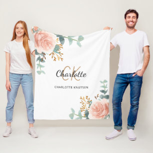 Couverture Polaire Rose or rose fleurie vert nom monogramme