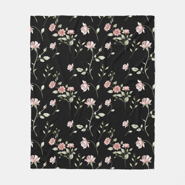 Couverture Polaire Rose Pâle Aquarelle Floral Noir (Devant)