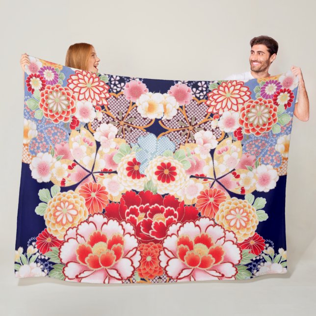Couverture Polaire ROSE ROUGE BLANC FLEURS pivoines, Floral japonais  (En situation)