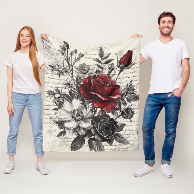 Couverture Polaire Rose Rouge Noire Fleurs de Manuscrit Antique (En situation)